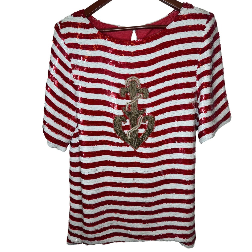 Vintage Deco Nautical Sequin Anchor TRed White Striped Short Sleeve Pearl Blouse